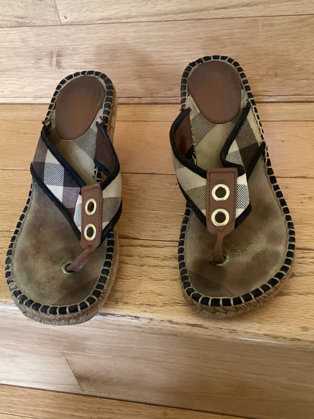 Burberry Brown Plaid Thong Sandals with Gold Eyelets